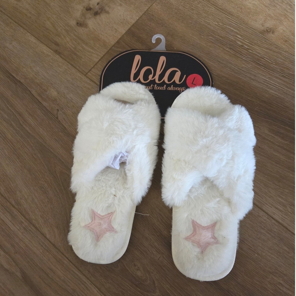 Lola Women's Fuzzy Star Slippers Cozy Plush Slides Cream Size‎ Large